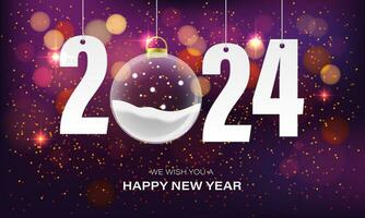 glücklich Neu Jahr 2024 Weiß Papier Nummer Sterne Glas Ball Bokeh verwischen auf lila Luxus Design zum Urlaub Festival Feier Countdown Hintergrund Vektor
