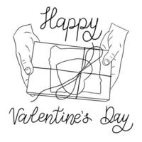 Kontur Gekritzel Beschriftung auf st Valentinsgrüße Tag mit Hände und Geschenk. Vektor Gliederung Hand gezeichnet Illustration auf Weiß Hintergrund.