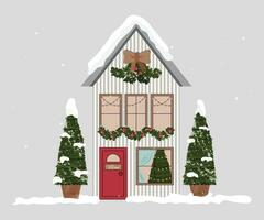 vit jul hus, snöfall, jul landskap, premie vektor
