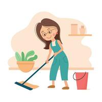 vektor ung kvinna hemmafru rengöring de golv med en mopp och en hink av vatten dagligen rutin- vektor illustration