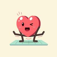 vektor tecknad serie hjärta karaktär utövar på yoga matta
