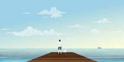 Mann mit seine Hund auf hölzern Seebrücke beim Strand im das Morgen Vektor Illustration. Reisen zu das tropisch Blau Meer Konzept haben leer Raum.