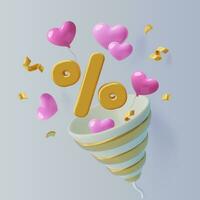 3d Prozentsatz Party Popper Rosa Herzen und Konfetti Februar 14 oder Valentinstag Tag Verkauf und Rabatt vektor