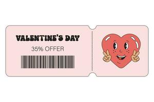 Valentinsgrüße Tag Coupon. Valentinstag Verkauf, Besondere bietet an, Rabatte Gutscheine zum Einkaufen, Geschenke, Restaurants, Kinos, Cafés. Liebe Fahrkarte, Rabatt im groovig retro Stil. vektor