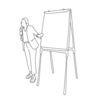 weiblich Lautsprecher zeigen beim Präsentation auf leer Weiß Tafel Illustration Vektor Hand gezeichnet isoliert auf Weiß Hintergrund
