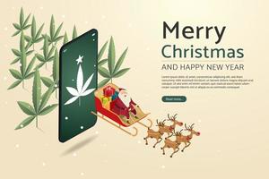 Weihnachtsmann schickt Geschenke über Smartphone-Hintergrund-Marihuana-Pflanze. vektor