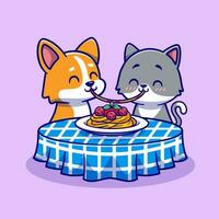 söt par katt och corgi hund äter spaghetti tillsammans tecknad serie vektor ikon illustration. djur- mat ikon begrepp isolerat premie vektor. platt tecknad serie stil
