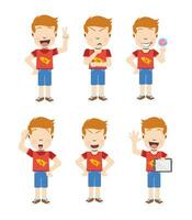 Kinder Serie ein einstellen von sechs dynamisch Abbildungen Erfassen das Kinder- Karikatur Charakter, gekleidet im ein heiter rot T-Shirt und Blau Hose. vektor