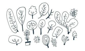 einstellen von Hand gezeichnet Gekritzel Bäume und Pflanzen. Vektor Illustration.