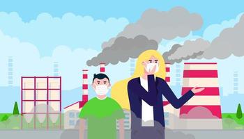 verwirrte Frau und Kind in Masken gegen Smog. Feinstaub, Luftverschmutzung, industrielles Smog-Schutzkonzept flache Design-Vektor-Illustration. Industrielle Fabrikrohre mit riesigen Rauchwolken. vektor