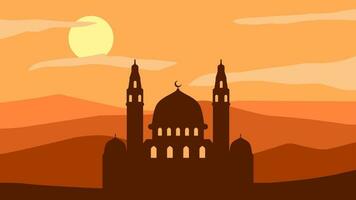 moské silhuett i de natt med halvmåne måne. ramadan landskap design grafisk i muslim kultur och islam religion. moské landskap vektor illustration, bakgrund eller tapet