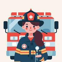 Feuerwehrmann Frau und Feuer LKW, eben Vektor Illustration