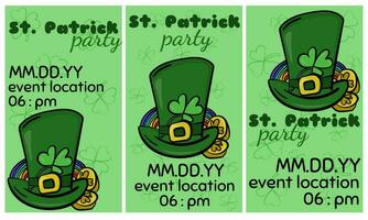 st. Patricks dag fest, uppsättning av vertikal formatera flygblad eller inbjudningar i tecknad serie stil vektor
