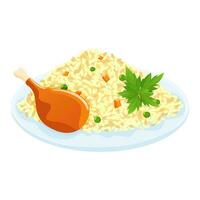 Vektor Illustration von ein Gericht mit Reis, Hähnchen und Gemüse. Reis Gericht mit Fleisch auf ein eben Platte.