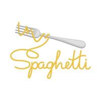 Beschriftung Spaghetti und Gabel mit Spaghetti auf ein Weiß Hintergrund. Essen Logo, Restaurant Speisekarte. Vektor