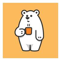 söt polär Björn med kopp av varm dryck, vit Björn med kaffe, vektor illustration.