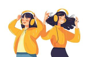 zwei jung Frauen Hören zu Musik- mit Kopfhörer. Vektor Illustration im Karikatur Stil