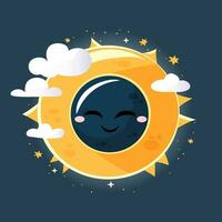 hand dragen sol- förmörkelse begrepp. söt vektor design med leende måne, Sol och moln.