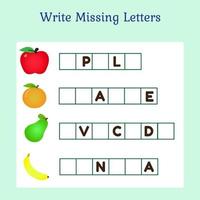 Schreiben Sie fehlende Buchstaben Spiel für Kinder. perfekt für Kinderaktivitäten. vektor