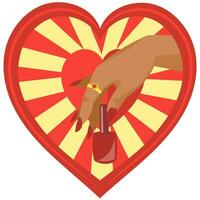 manikyr logotyp för nagel konst salong vektor bild. svart kvinna hand med gyllene ringa med hjärta sten innehav röd nagel putsa flaska på de bakgrund av röd hjärta med gul strålar av ljus