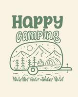 glücklich Camping mit das Wohnwagen mit Natur Berg im das Innerhalb Illustration zum Abzeichen, Aufkleber, t Hemd Design, und draussen verwenden vektor