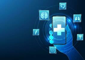 Telemedizin medizinisch Technologie Hintergrund durch Smartphone zeigen medizinisch Symbole zeigt an Basic Behandlung von Krankheiten mit ein Arzt, reden, und Videokonferenzen. zu Anfragen Über Symptome vektor