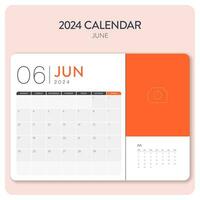 kreativ minimal företag en gång i månaden 2024 kalender mall vektor. skrivbord, vägg kalender för skriva ut, digital kalender eller planerare. vecka Start på måndag. årlig kalender layout design element. juni. vektor