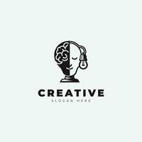 kreativ emblem logotyp design, med en kombination av en hjärna och en lampa, svartvit stil vektor
