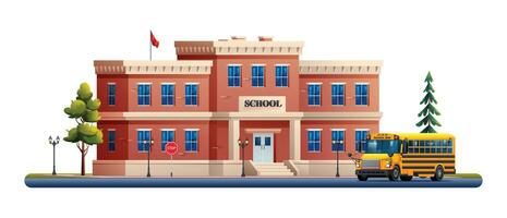 Schule Gebäude mit Schule Bus Vektor Karikatur Illustration isoliert auf Weiß Hintergrund