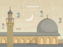 Herzliche Glückwünsche auf Begrüßung das heilig Monat von Ramadan zum das Hintergrund mit Abbildungen von schön Moscheen und Laternen vektor