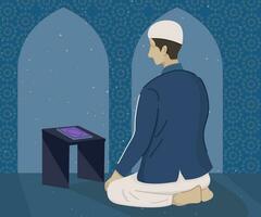 en muslim man läsning de koranen i de månad av ramadan vektor