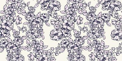 Vektor künstlerisch Blumen Geäst verflochten im ein nahtlos Muster. Blühen Rosa Blumen- auf ein Licht Hintergrund. Vektor Hand gezeichnet skizzieren. Vorlage zum Textil, Mode, Stoff, Hintergrund