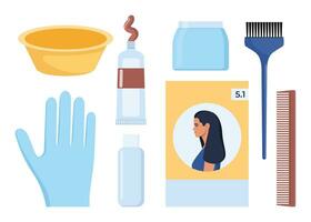 Haar Färbung Elemente. Haar Farbstoff, Bürste, Kamm, Schüssel, Handschuhe, Oxidationsmittel, Haar Balsam. Werkzeuge und kosmetisch Produkte zum Haar Pflege. Elemente zum Schönheit Salon. Vektor Illustration.