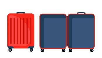 tömma öppen resväska, resa begrepp. tömma och stängd modern på hjul resväska redo för förpackning. framställning för de resa. vektor illustration.