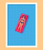glücklich Frau im Badeanzug schwebend auf aufblasbar Matratze im Schwimmen Schwimmbad. Entspannung, genießen Leben Konzept. oben Sicht. Sommer- Zeit Urlaube. Vektor Illustration.