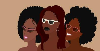 International Damen Tag. Gruppe von vielfältig schön afrikanisch amerikanisch Frau Stehen zusammen. afro Haar Stil. Porträt von weiblich Gesichter. Feminist, Gleichwertigkeit, Freiheit, Gerechtigkeit Bewegung. Freundschaft vektor