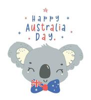 glücklich Australien Tag Koala Gesicht mit Flagge Bogen. bezaubernd Tier feiern australisch Nation Tag Karikatur Hand Zeichnung. vektor