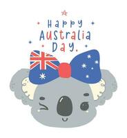 glücklich Australien Tag Koala Gesicht mit Flagge Bogen. bezaubernd Tier feiern australisch Nation Tag Karikatur Hand Zeichnung. vektor