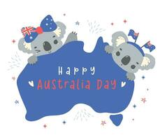 Lycklig Australien dag koalor med Karta, förtjusande bebis djur- fira australier nation dag tecknad serie hand teckning. vektor