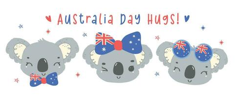 Lycklig Australien dag koala björnar med flagga, grupp av förtjusande bebis djur- fira australier nation dag tecknad serie hand teckning baner vektor