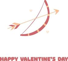hand dra hjärtans poscard med rosett och pil, hjärtan och text Lycklig hjärtans dag.persika ludd, rosa och röd färger. vektor illustration på vit bakgrund.doodle stil.