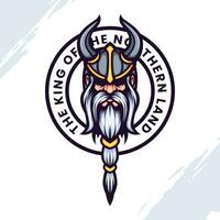 Maskottchen Logo Porträt von ein König von das Nord landet tragen ein gehörnt Wikinger Helm vektor