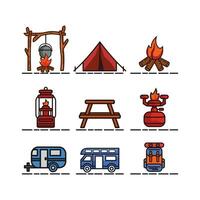uppsättning av ikoner av sommar camping, turism eller vandring resor. vektor illustration
