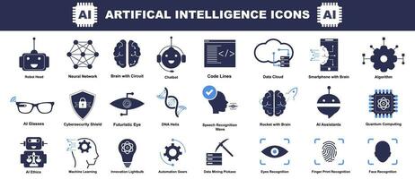 teknologi ikon uppsättning - som innehåller ai, robotik, biometrisk, moln datoranvändning, data brytning, maskin inlärning och automatisering ikon - teknologisk Evolution ikoner. vektor