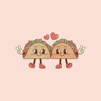 retro illustration av två tacos i kärlek, tacos som en par vektor