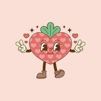 süß retro Karikatur Illustration von Erdbeere im das gestalten von Herz und lächelnd vektor