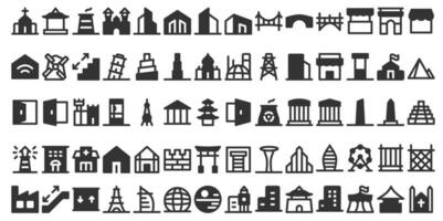 Gebäude Symbol Satz. enthält Haus, Büro, Bank, Schule, Hotel, Geschäft, Universität und Krankenhaus Symbole. solide Symbol Sammlung. Vektor Illustration.