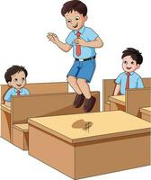 pojke Hoppar på de skrivbord i de klassrum vektor illustration