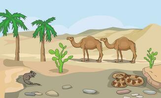 ein Wüste Feld mit Palme Bäume, Kaktus, Schlangen, Eichhörnchen und zwei Kamele vektor