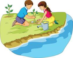 flicka och pojke plantering träd grafisk vektor illustration